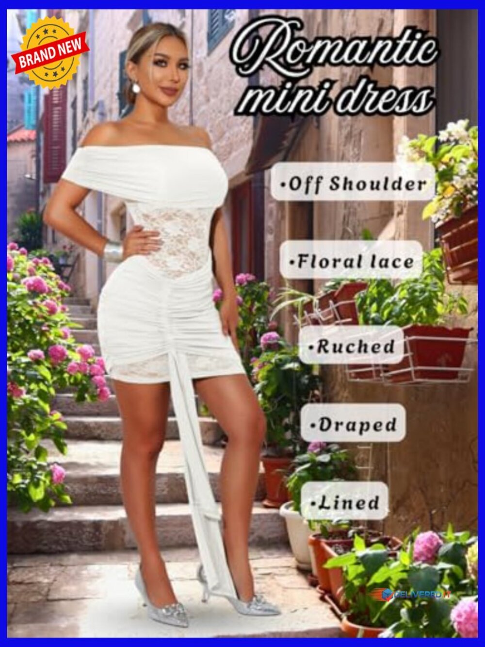 Off Shoulder Ruched Mini Dress, Stretch Lace Bodycon for Night Out - Picture 4 of 7